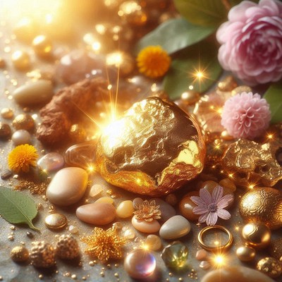 Golden rock and flowers in sunlight