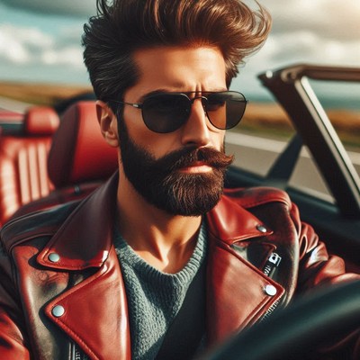 Man in red leather jacket driving a convertible