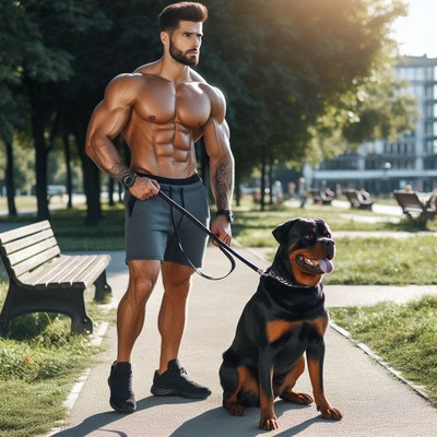 Muscular man walking dog in park
