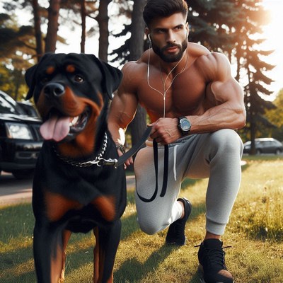 Man walking rottweiler in park
