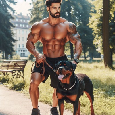 Muscular man walking rottweiler in park