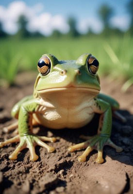 Green frog on ground