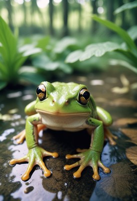 Green tree frog in forest