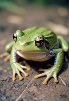 Green frog on forest floor