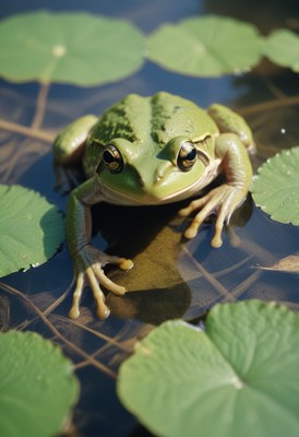 Green frog on lily pads