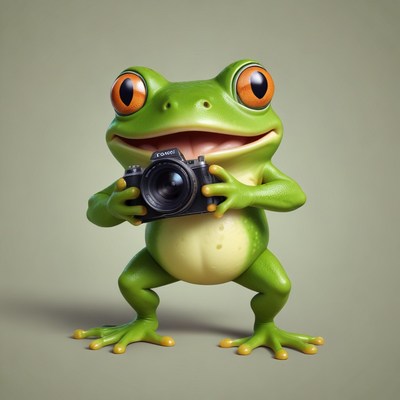 Smiling frog holding a camera