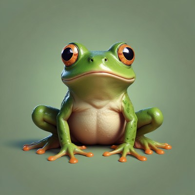 Green tree frog sitting on green background