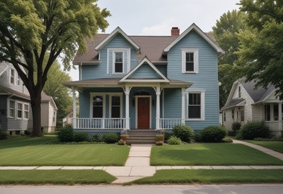 Blue house on a sunny day