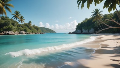 Tropical beach with palm trees and blue water