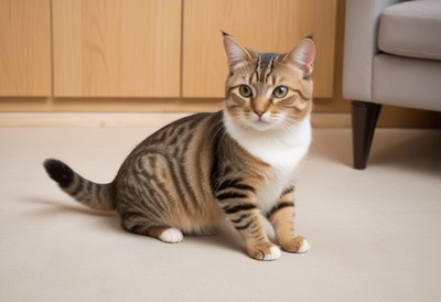 Tabby cat sitting on carpet