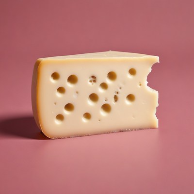 Swiss cheese wedge on pink background