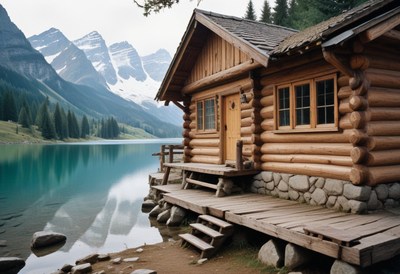 Log cabin by mountain lake