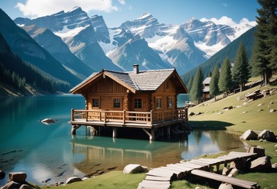 Mountain cabin by lake