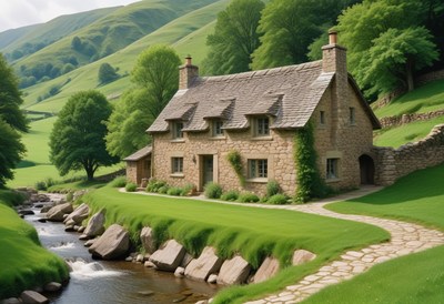 Stone cottage by a stream