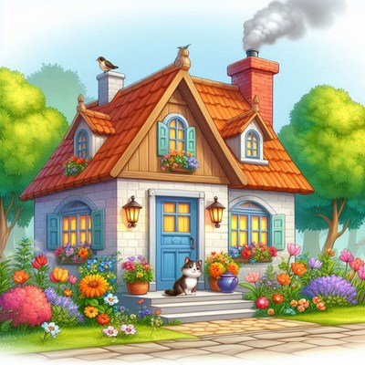 Cottage with cat and flowers