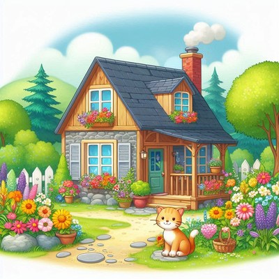 Cottage home with cat and flowers