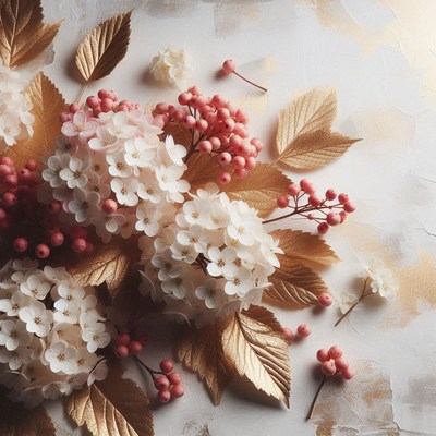 White flowers and gold leaves