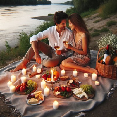 Romantic riverbank picnic