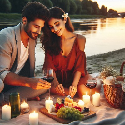 Romantic couple enjoying a sunset picnic