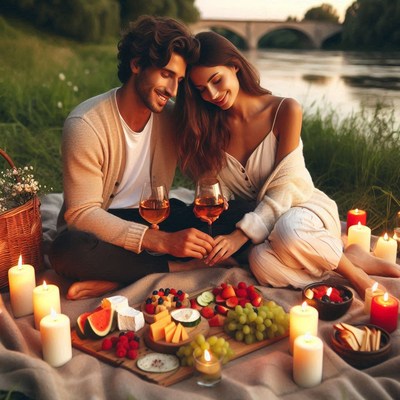 Romantic couple picnic by river at sunset