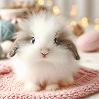 Fluffy white bunny on pink knit blanket