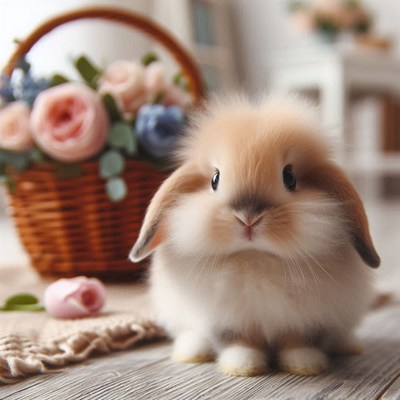 Fluffy bunny sitting near basket of flowers
