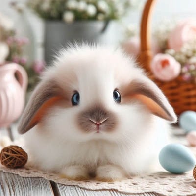 Fluffy bunny with easter eggs