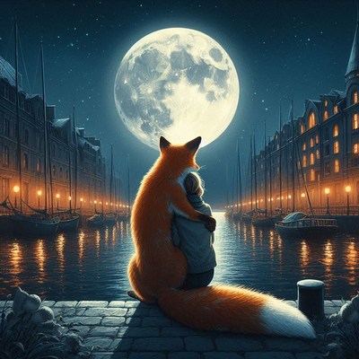 Fox and girl under full moon