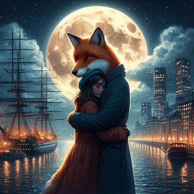 Fox and woman embracing under moonlight