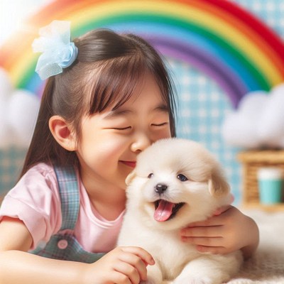 Girl smiling with puppy in front of rainbow