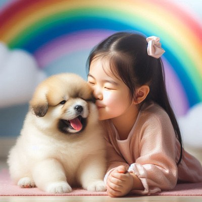 Girl kisses puppy in front of rainbow