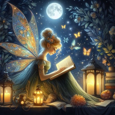 Fairy reading by moonlight