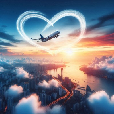 Airplane flying through heart-shaped clouds at sunset