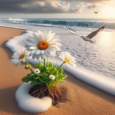 Daisies on the beach at sunset