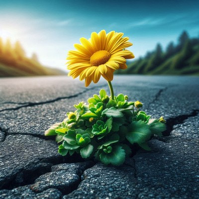 Flower growing through crack in road