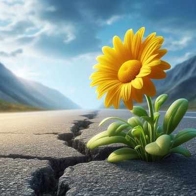 Sunflower growing through cracked road