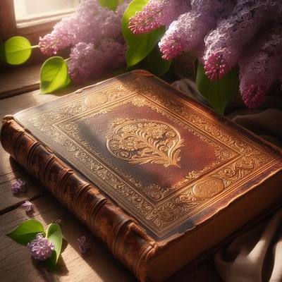 Ornate book with lilacs in sunlight