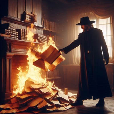 Man burning books in library