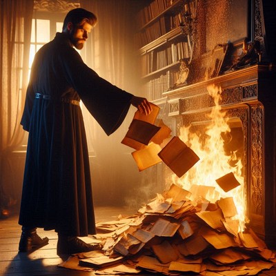 Man burning books in fireplace