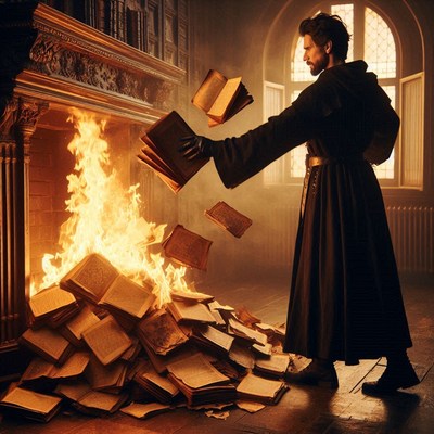 Man burning books in fireplace