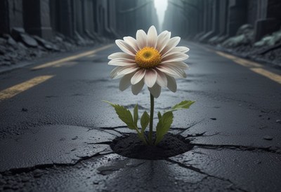 Daisy growing through cracked pavement