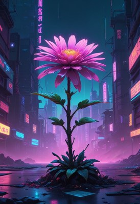 Pink flower in neon city
