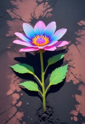 Pink and blue flower on black soil