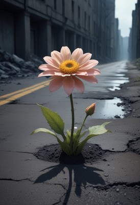 Flower growing through cracked road