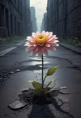 Flower growing through cracked pavement