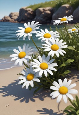 Daisies blooming on a sandy beach