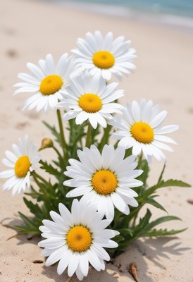 White daisies on a sandy beach