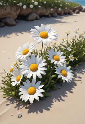 Daisies blooming on sandy beach