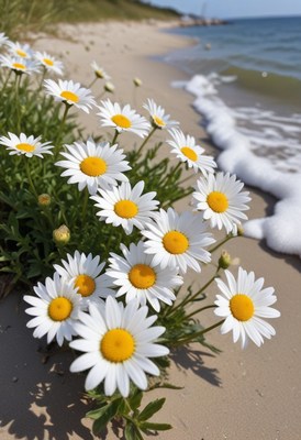 Daisies blooming by the ocean