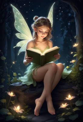 Fairy reading book in moonlight forest